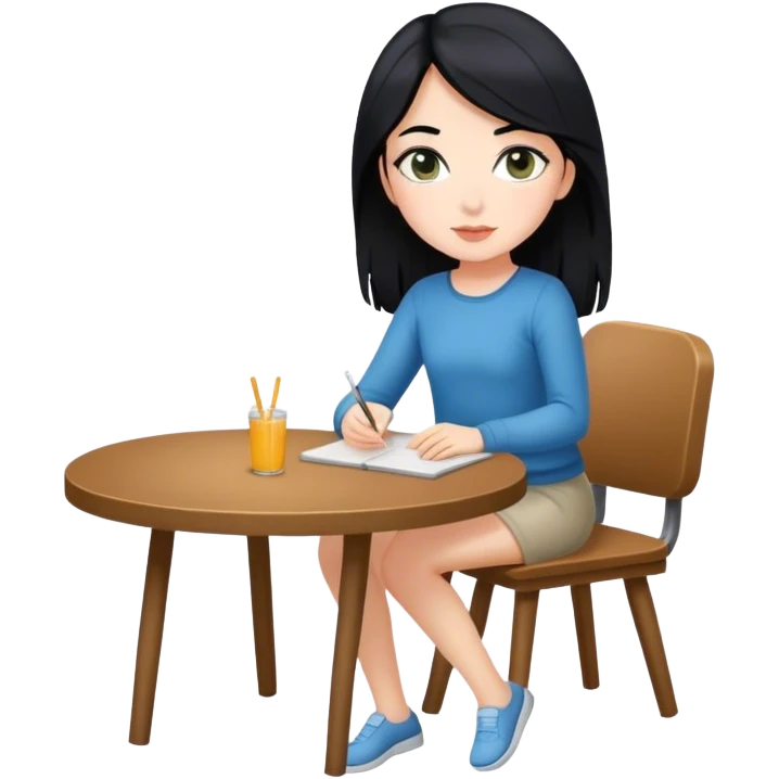 White girl full body sitting at table with black hair emoji