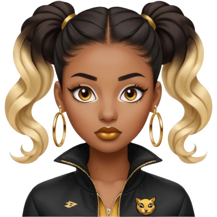 “black Emoji girl, fierce confident expression, sharp black winged eyeliner, bold brows, matte nude lips, long curled lashes, sleek high ponytail, gold hoop earrings, sporty streetwear jacket.” emoji