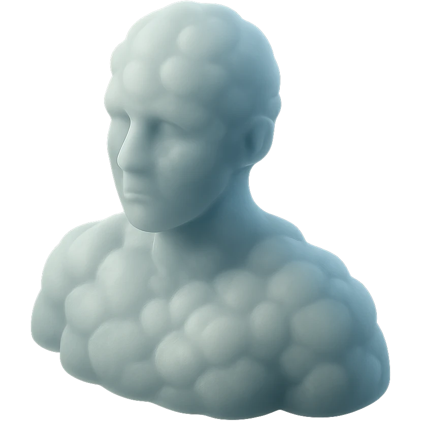 person looking straight, fully made of white fluffy convex clouds, shoulder up emoji