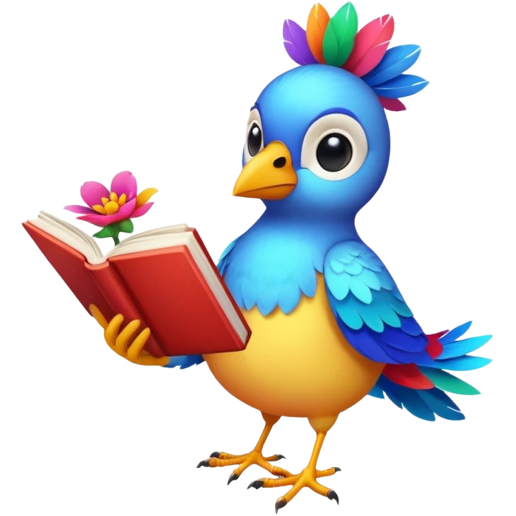 Bird reading books + flower emoji