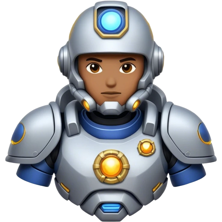 Clash of Clans aesthetic: Cinematic heroic Terran Marine Hero close up Emoji, rendered in a 3D vector-style similar to standard emojis with minimal shading and bold, simplified shapes. A compact, heroic isometric figure clad in futuristic power armor with signature energy accents, softly glowing with a cosmic battle charm. Simplified yet unmistakably iconic, highly detailed and consistent, glowing with a soft radiant shine and high gloss. Stylized with a touch of interstellar valor and a soft glowing outline, capturing the essence of an elite space warrior with a friendly, playful manner! emoji