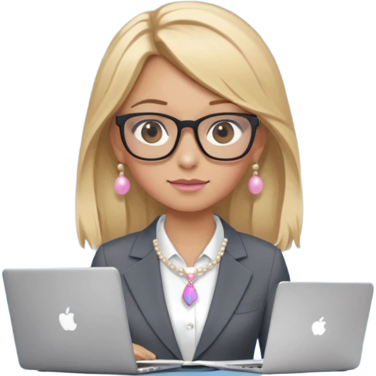 Please take the girl with laptop emoji and make her glassess light brown, her eyes ocean blue and her nose a bit smaller and pointier and she has blonde very long hair and a dark grey suit and pearls necklace, and has a laptop in fron of her and a tiny pink bow on the left side of her head emoji