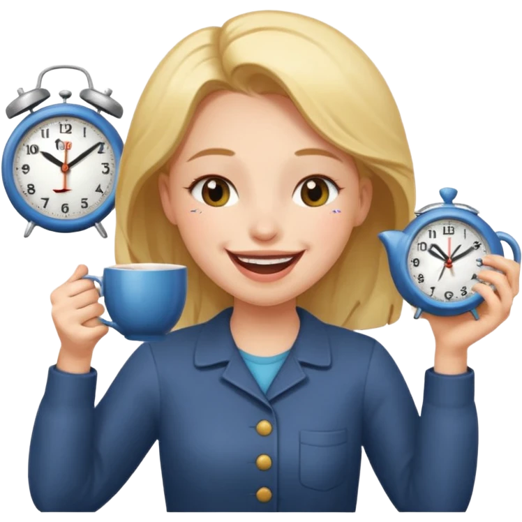 a girl laughing with her eyes closed with a clock and tea in her hands emoji