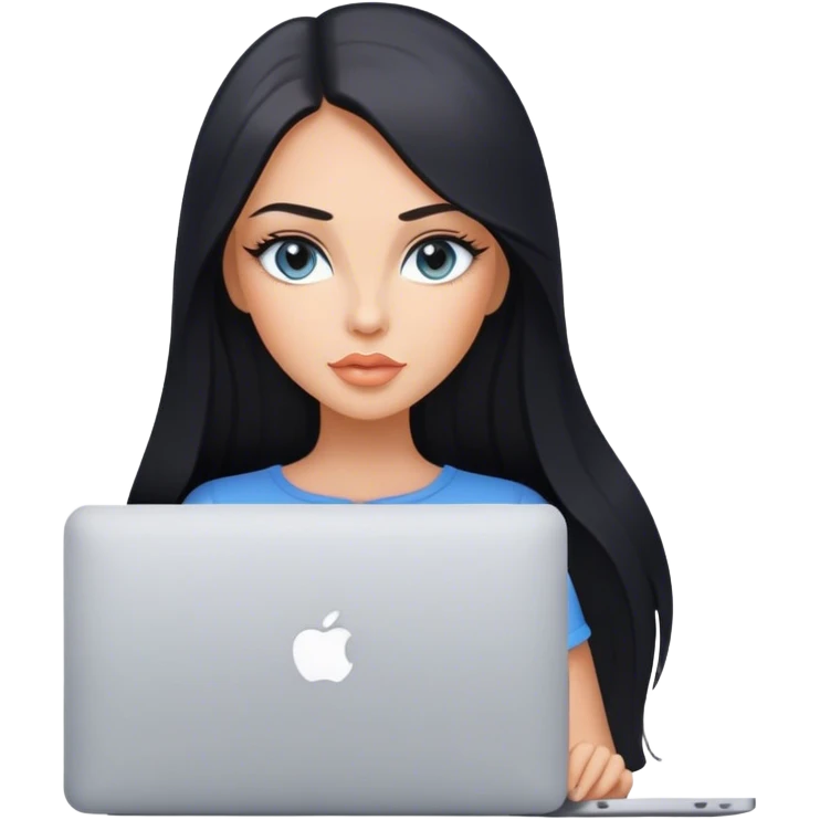 Glamours tanned very beautiful girl with pump peach nude lips and black straight smooth long hair, blue-grey eyes stading with MacBook emoji