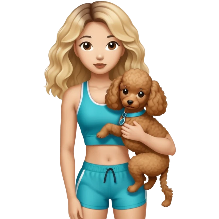 a asian lady with long balayage hair with blonde highlight, holding a brown poodle, wearing gym outfit emoji