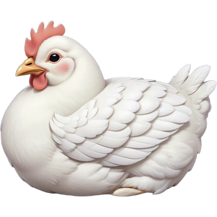 Meme-Worthy Cute Sleeping White Chicken Portrait Emoji, Head resting peacefully with a contented smile, showcasing a delightfully compact build and a luxuriously soft white plumage, eyes shut in a serene, restful nap, Simplified yet hilariously adorable features, highly detailed, glowing with a soft, drowsy light, high shine, relaxed and utterly lovable, stylized with an air of playful laziness, bright and heartwarming, soft glowing outline, capturing the essence of a comically sleepy chicken, so meme-worthy it feels like it could instantly become the next viral sensation of adorable slumber! emoji