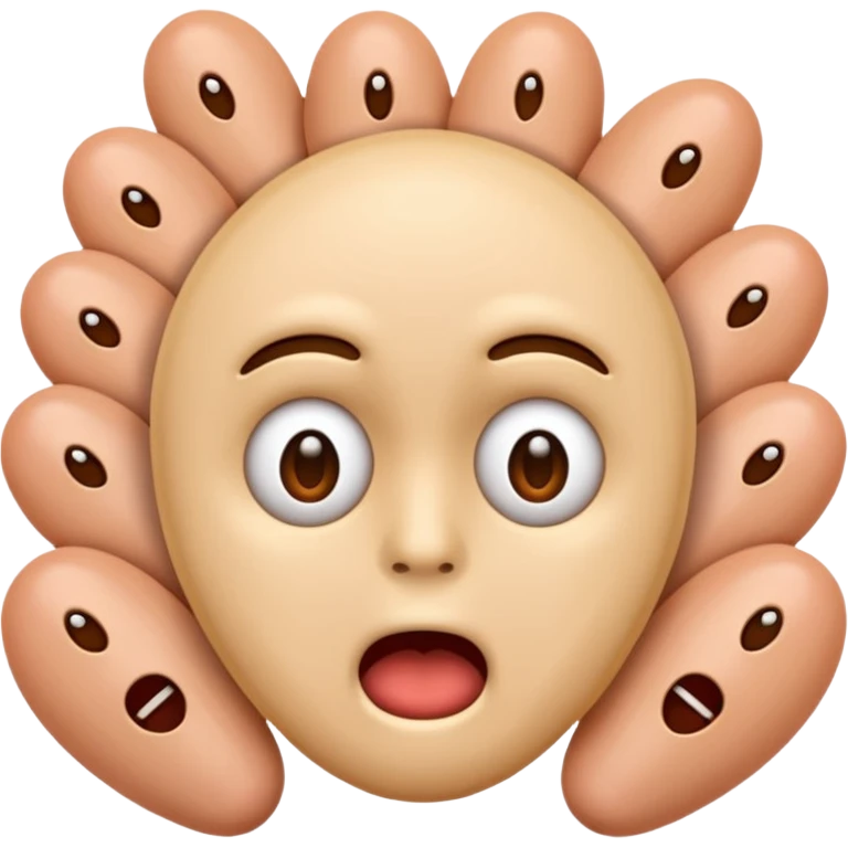 I want an emoji with a bunch of phallic-like objects surrounding them, and the emoji’s face should show fear. The main emoji should look more like a standard emoji face, and the objects around him/her don’t need to have faces too. They should just be a bunch of penis-shaped things emoji