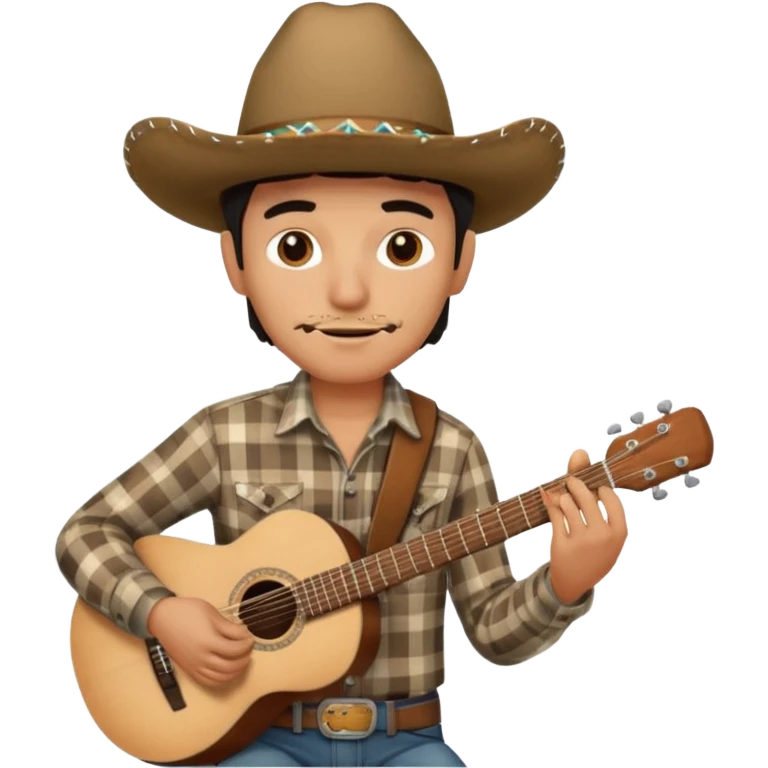 Mexican man with cowboy hat, plaid shirt, playing guitar emoji