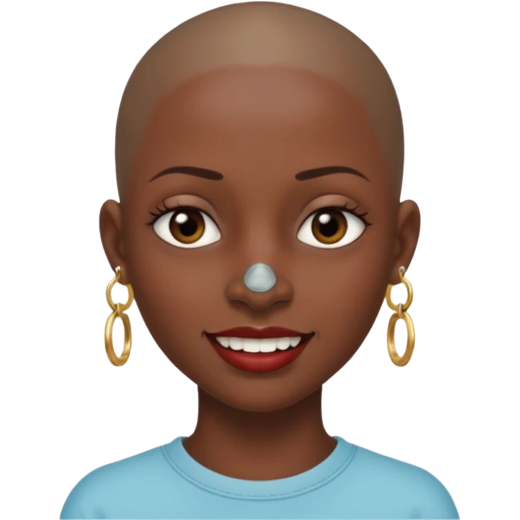 Make a emoji of a person with dark skin and has a nose ring that goes between her two nostrils and has a bunch of small earrings and who has a gap between her two front teeth and with no hair emoji