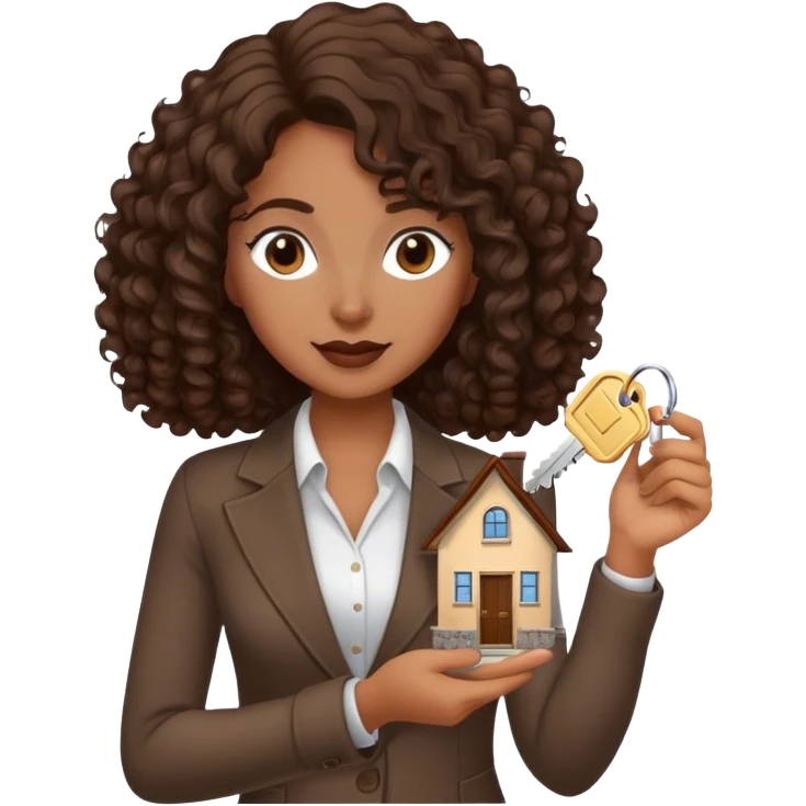 Dark brown lady with medium brown mid length curly hair in real estate job with house and keys emoji