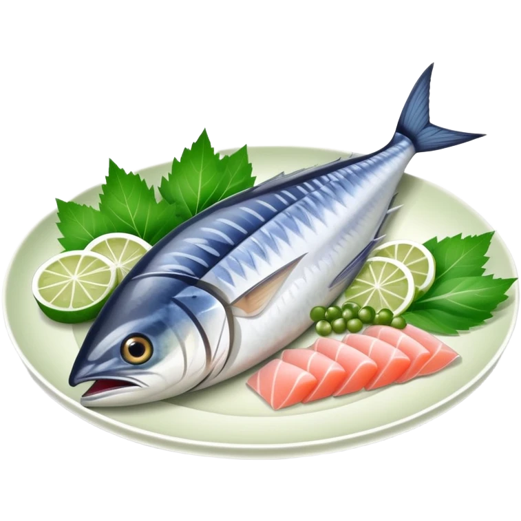 mackerel sashimi on a plate with shiso leaf and wasabi emoji