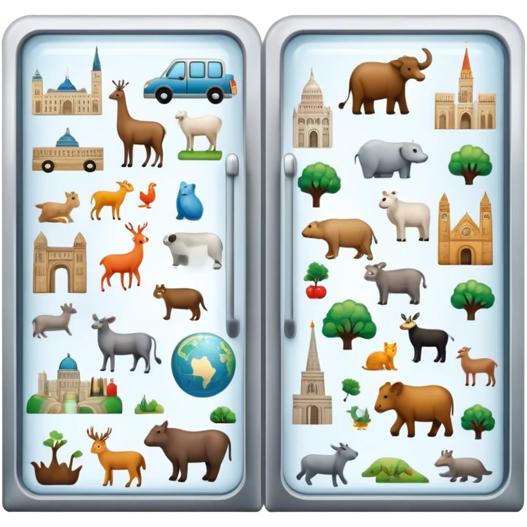Icon for Magnet Collecting: a close-up of a fridge door covered with a variety of magnets, featuring cities, animals, and symbols. The icon should highlight the diversity and charm of magnet collections. Transparent background. emoji
