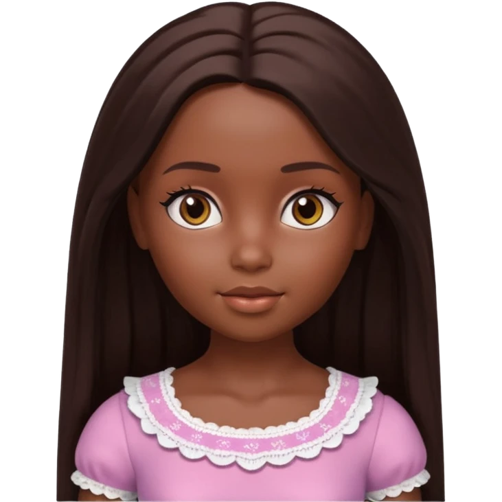 Boneca digital em estilo 3D realista e fofo, semelhante a uma boneca colecionável. Mulher jovem com pele negra, olhos castanhos escuros, cabelo liso cor chocolate, longo e bem alinhado.  emoji