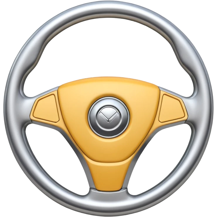 A futuristic steering wheel emoji made of silver chrome, minimal geometric design, smooth metallic surface, soft reflections, iOS emoji style, centered, clean white background emoji