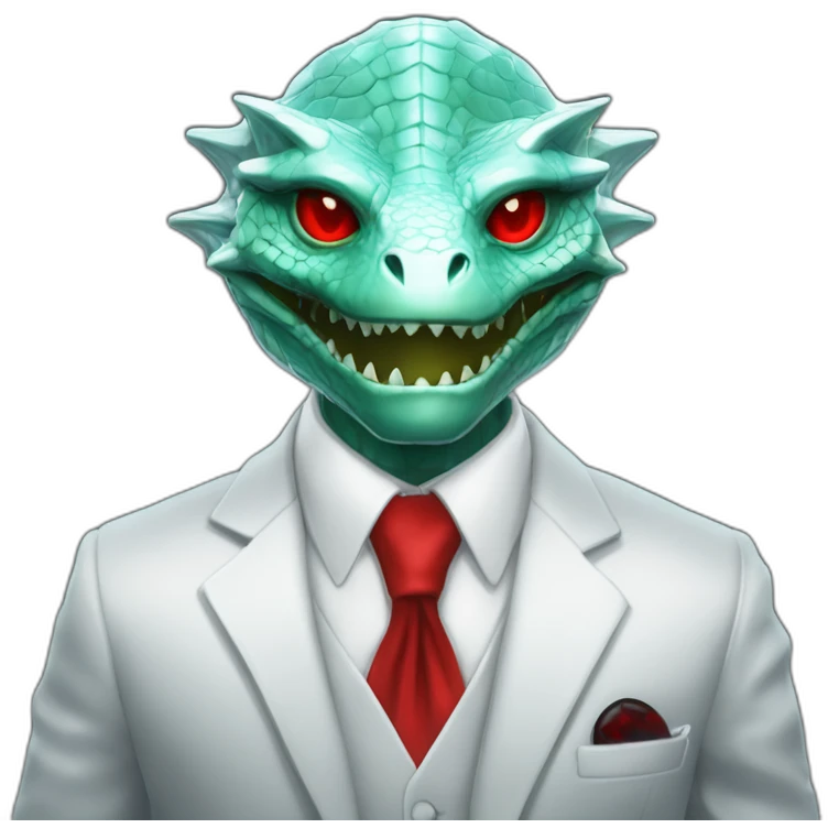 Aquamarine reptilian in classic black suite with red laser eyes on the middle of platinum coin emoji