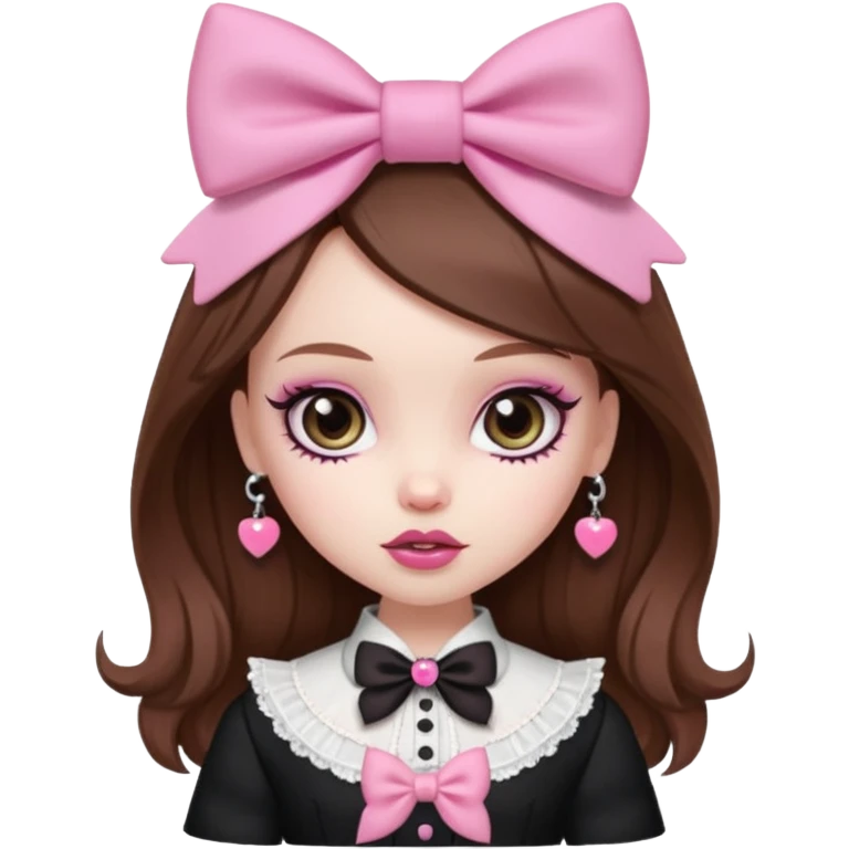 pretty bratz baddie, pale skin, brown hair, pink bow, romantic gothic style emoji