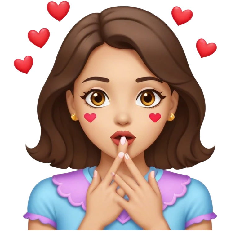 Light skin brunette with light brown eyes blowing a kiss with little hearts coming from her mouth  emoji