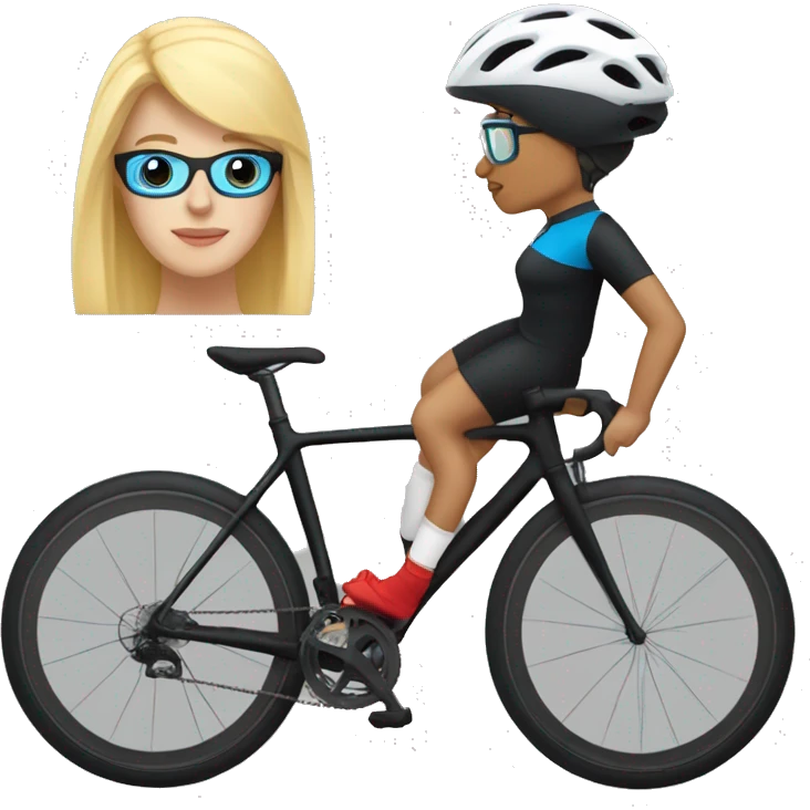 Cyclist woman blond, black shirt ,  blue short, red socks, black bike , transparent glasses, black helmet emoji