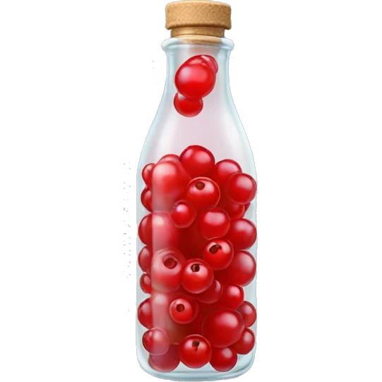 transparent bottle with red fluent, red currant emoji