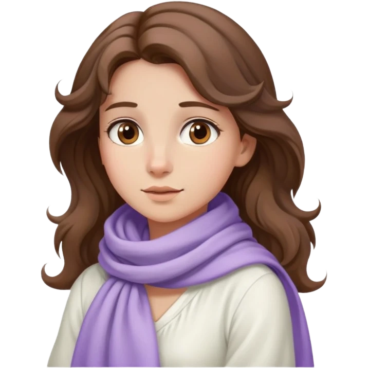 A girl with wavy hair, a lavender scarf around her neck, and a soft  dress, gazing into the distance. emoji