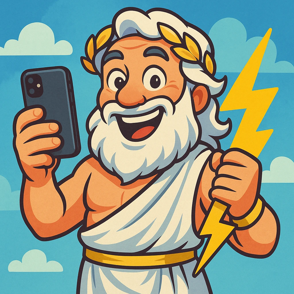 Cartoon Zeus using an iPhone, playful and fun emoji