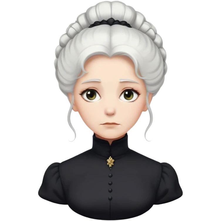 A Victorian woman with elegant coiffed white hair and light eyes wearing a modest black turtleneck mourning dress looking down with a forlorn expression emoji