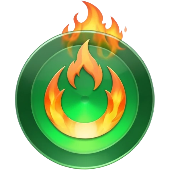 A minimalist CD disc with a subtle fire design, green flames. emoji