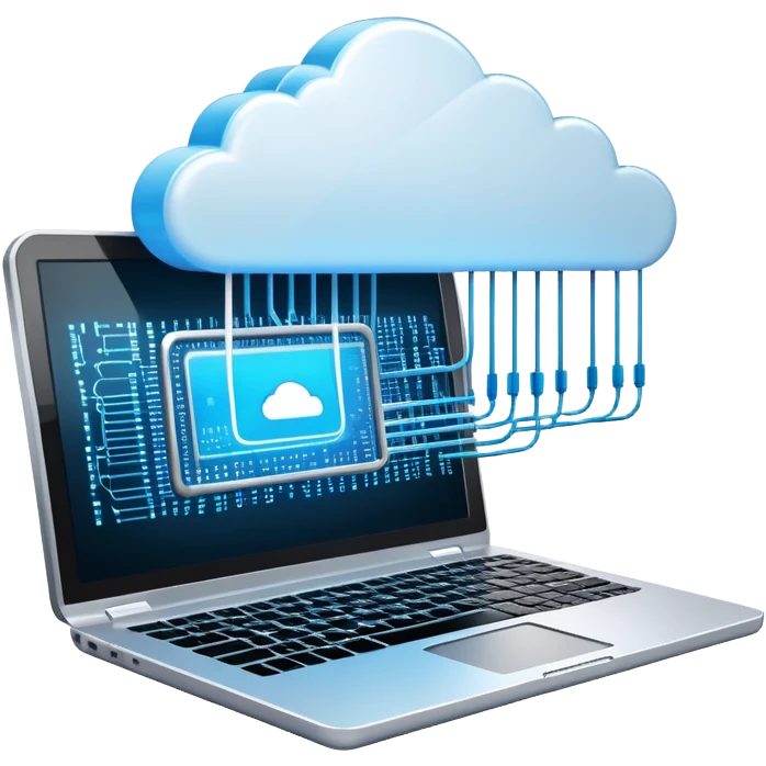 An icon featuring a glowing laptop, cloud network, and flowing binary code, symbolizing information technology. The design includes data servers, a circuit pattern, and digital connections, representing software, networking, and innovation. Transparent background  emoji