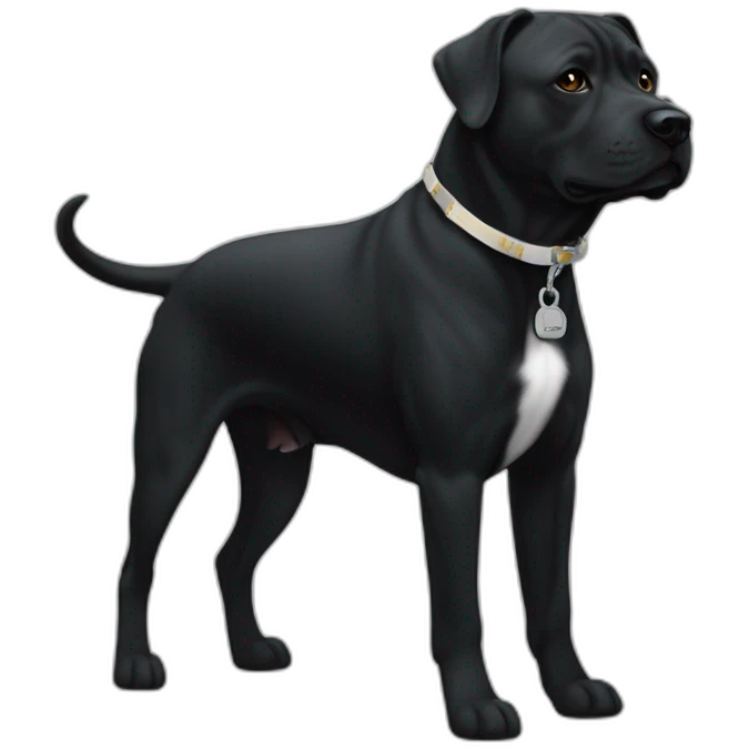 Un staffi noir avec un trait blanc tres petit sur la tête avec des tache de brunger sur c'est patte arrière avec un collier ver se nomment ugette emoji