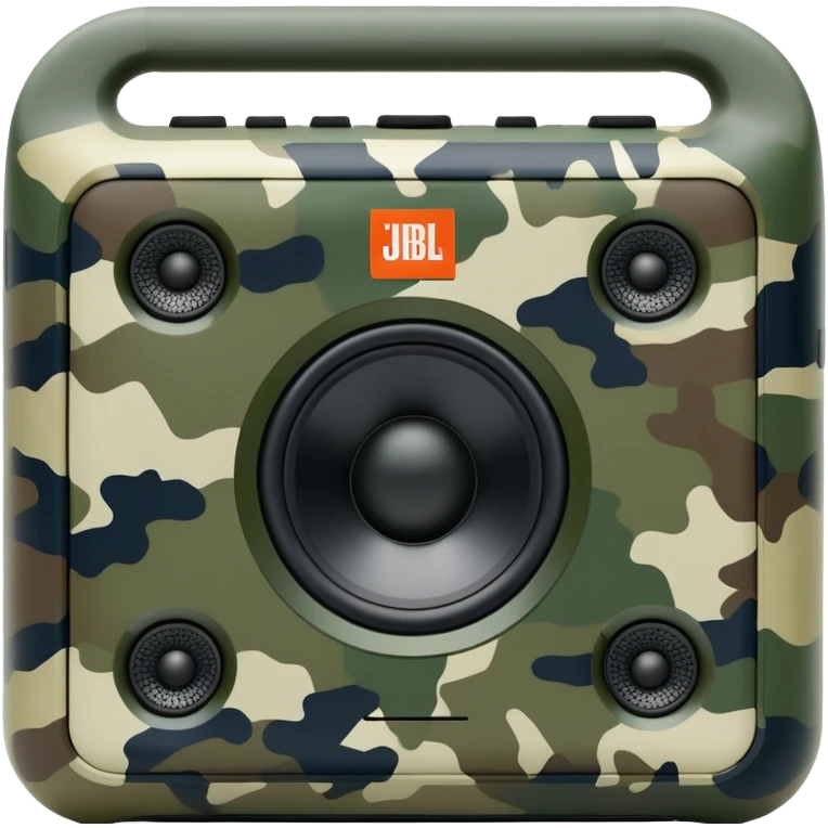 Minimalist JBL Go Clip 4 speaker with simple camouflage pattern, clean lines, iOS emoji style emoji