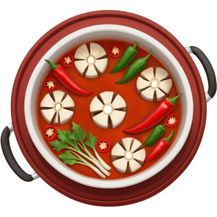 A hot pot emoji in top-down view. The pot is divided into two sections: one with spicy red broth filled with chili peppers, and one with mild white broth. Surround the pot with rolled slices of meat, vegetables, and mushrooms.The meat outside the pot emoji