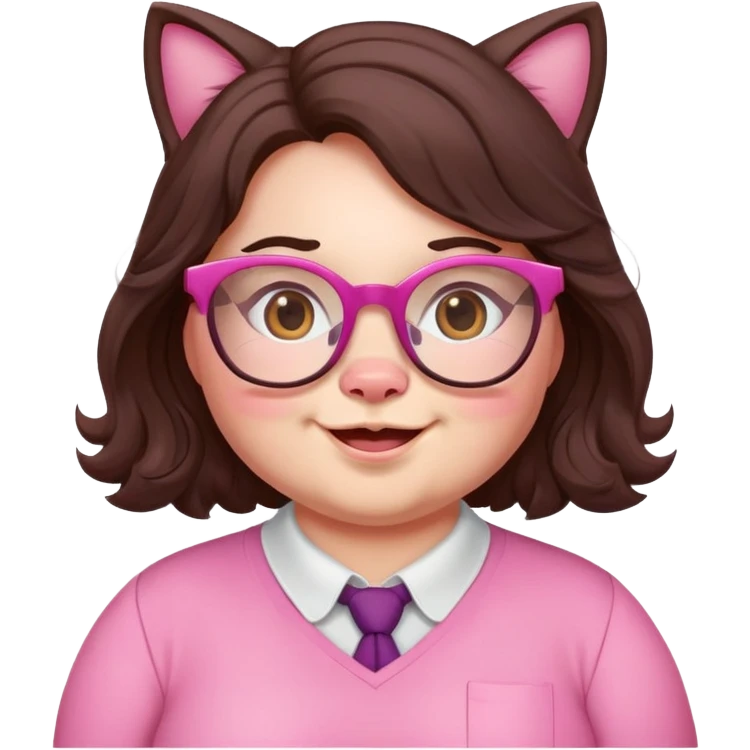 chubby English teacher face, pink cat glasses, wavy long dark brown hair, happy expression emoji
