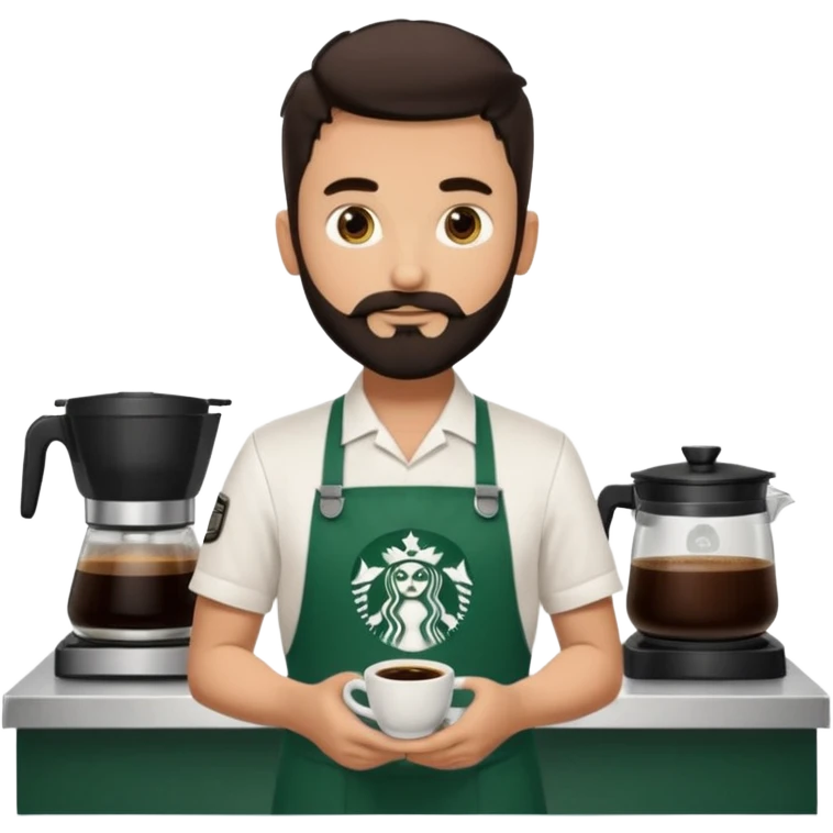 A Starbucks Barista with Black Coffee Master Apron. White Boy has trimmed Beard Black emoji