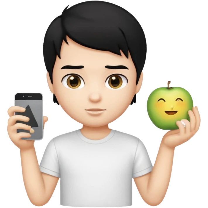 generate a pretty bratz emoji of a boy with black hair wearing a white tshirt and holding a cT emoji