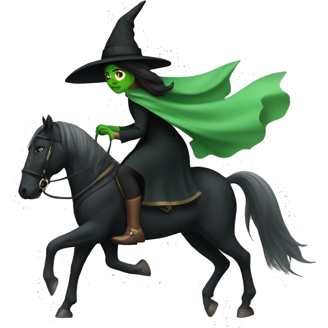 Witch with green skin, wearing a black cape, hat and dress, riding a black horse  emoji