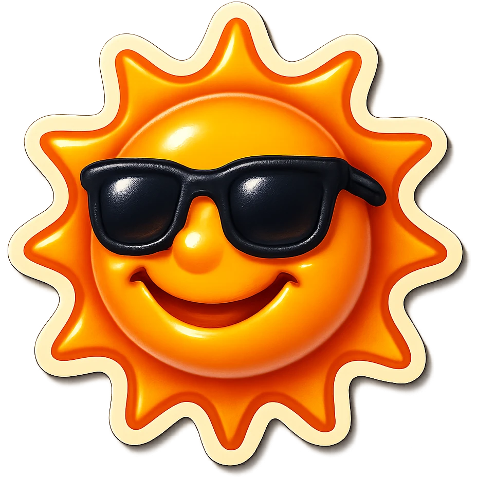 a smiling sun with sunglasses, retro sticker style emoji