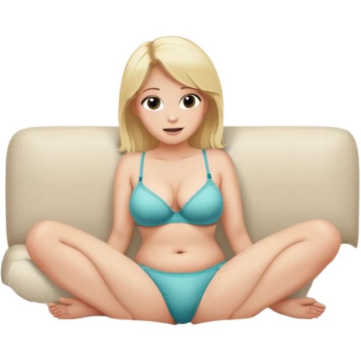 fullbody realistic busty blonde topless buxom in undies sitting on couch in comfy
missionary legs up spread pose sfw emoji