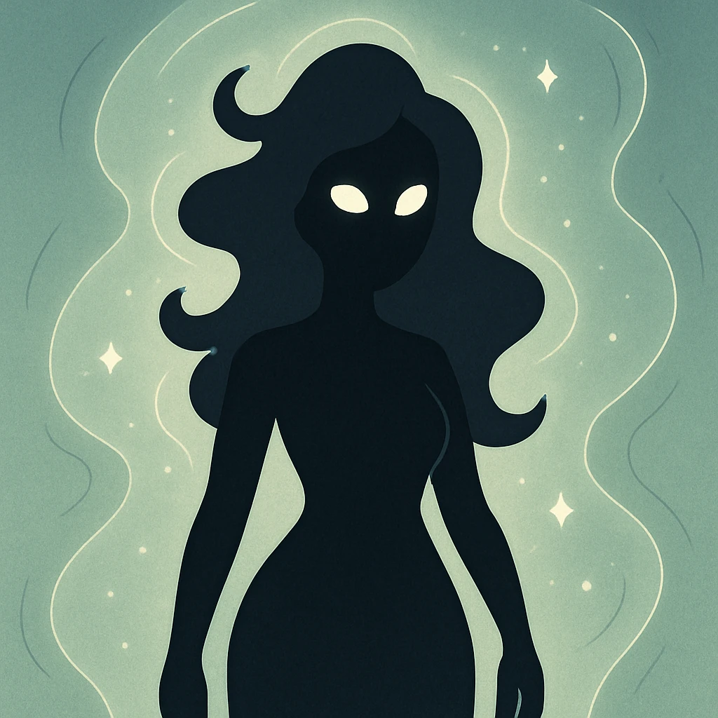 silhouette of a figure with flowing curves, radiating stillness and mystery, surrounded by shimmering energy emoji
