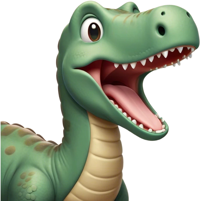 Cinematic Cute Yawning Brontosaurus Portrait Emoji, Head tilted slightly with a dramatic, wide-open yawn, showcasing its monumental, elongated neck and a massive, textured body with sleepy, half-closed eyes and a relaxed, open mouth, Simplified yet irresistibly cute features, highly detailed, glowing with a soft, cozy ancient glow, high shine, relaxed yet expressive, stylized with a dash of whimsical prehistoric ease, soft glowing outline, capturing the essence of a drowsy yet affectionate Brontosaurus that appears ready to stretch and yawn its way out of the screen! emoji