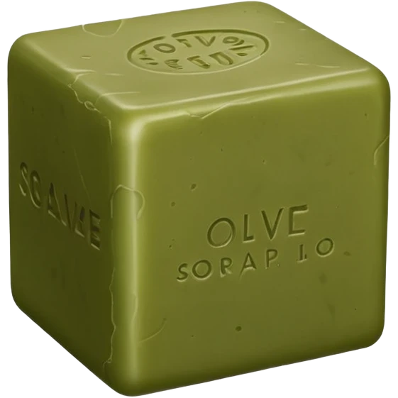 solid olive green or brownish soap bar, cube or rectangular, matte rustic texture, irregular edges, subtle embossed seal on top, no foam or packaging, soft lighting, subtle shadows, emoji scale emoji
