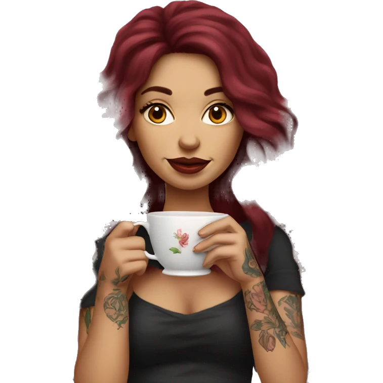 Beautiful tattooed  burgundy long haired woman sipping tea emoji