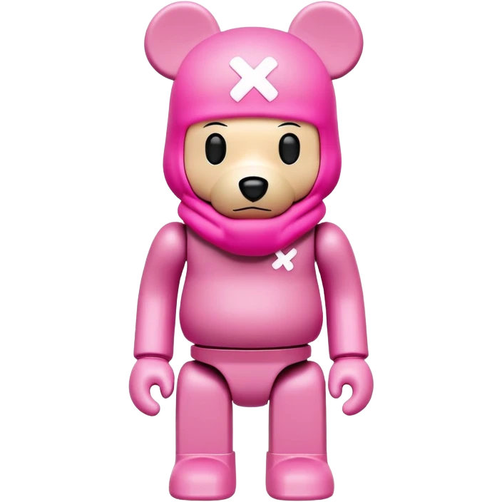Bearbrick figure with KAWS X eyes wearing a pink balaclava, simplified toy bear shape with articulated limbs emoji
