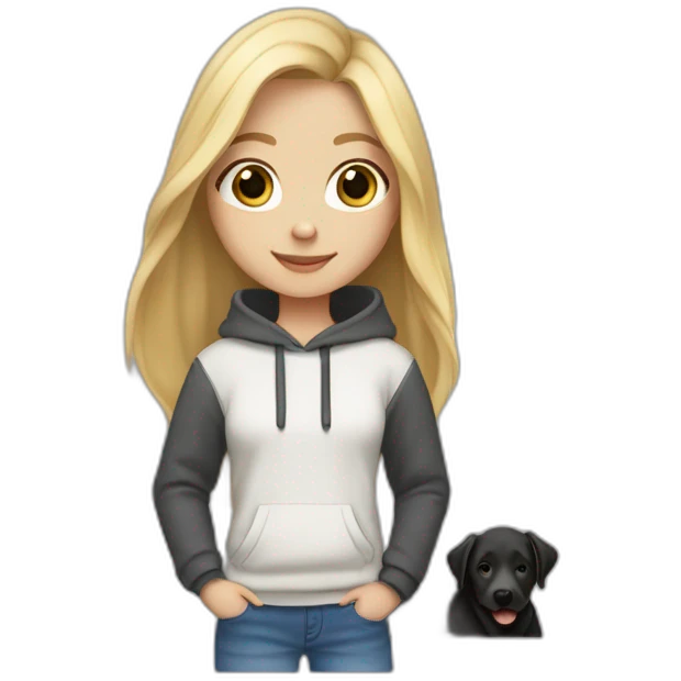 A blonde girl  with smooth hair and a ray in the middle of his hair, she has light skin a few freckles, and she wear a hoodies and she Carries in his arms a black baby labrador dog  emoji