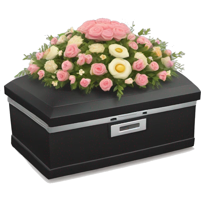 Create an emoji-style scene featuring a Roomba at a somber funeral. The Roomba should have a small black bow tie or veil, and it’s positioned in a tiny casket with flowers emoji
