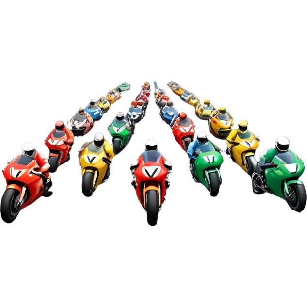 grandstands filled with cheering crowds, checkered flags waving, and traffic lights signaling the start, with a thrilling atmosphere of anticipation and speed. Sporty cars and motorcycles lined up at the starting line, ready to race, with a vibrant racetrack in the background. emoji