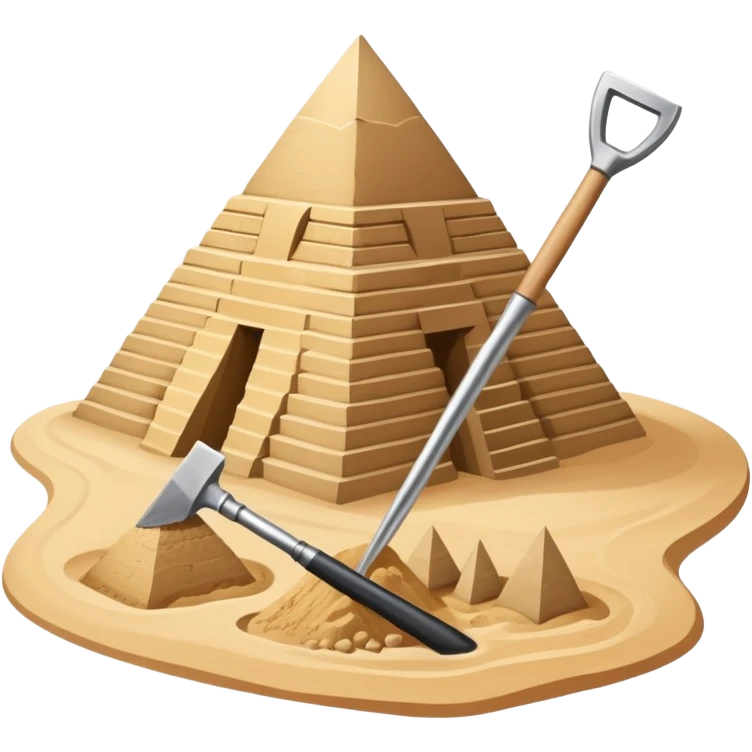 An icon showing archaeological tools like a trowel, brush, and pickaxe placed on sandy ground, with an Egyptian pyramid in the background. The design symbolizes excavation and discovery of ancient history, blending tools and iconic landmarks. Transparent background. emoji