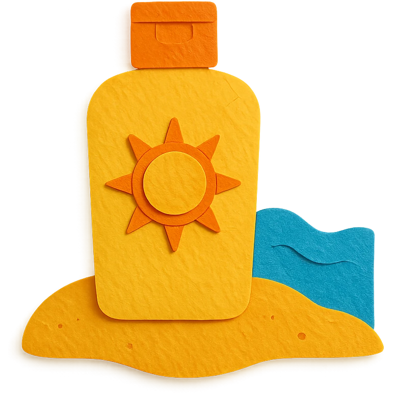 illustration of a sunscreen bottle with a sun icon on a sandy beach, bright colors, paper-craft style emoji