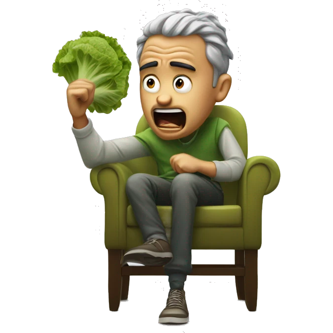 a man who is very mad with a piece of lettuc sticking out of his mouth. he is sitting in a chair and points to a boy who kicked his chair emoji
