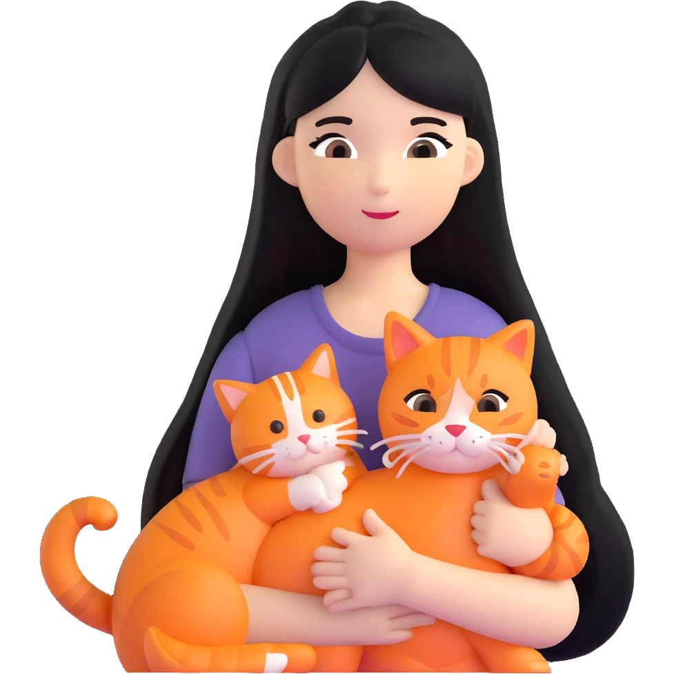 girl with long black hair holding an orange cat emoji