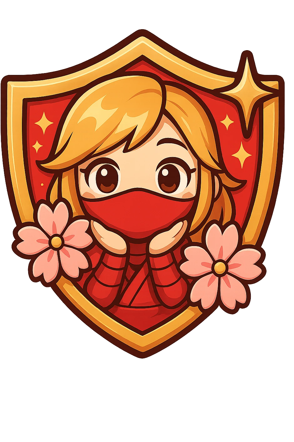 Edit the badge to have a vibrant red color with gold and white accents for the Grandmaster rank, keeping the same design of a chibi ninja girl, sakura flowers, sparkly effects, and badge shape. Maintain transparent background, sized for Twitch or Discord use. emoji